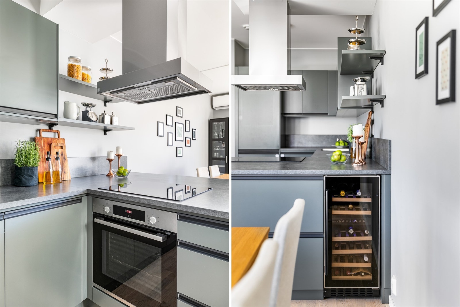 Alle kjøkkenets hvitevarer er integrert. Dette inkluderer også et vinskap med to temperatursoner. Galleribilde