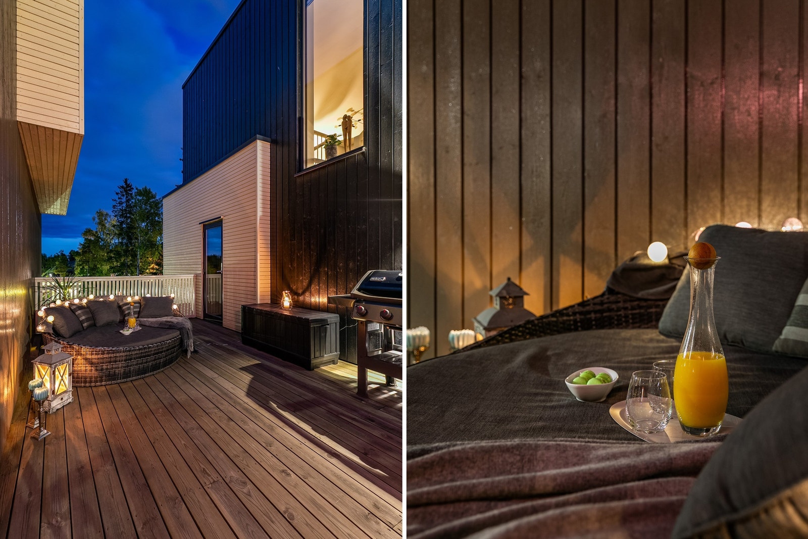 Med nesten 30 kvm fungerer balkongen som et ekstra areal til midtre plan. Her er det sval skygge på formiddagen og fra sen ettermiddag på sommerstid. Galleribilde