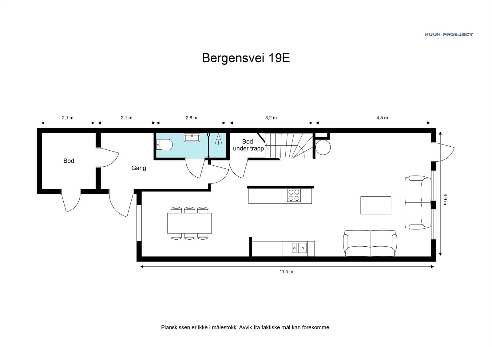 Plantegning av 1. etasje som utgjør 64 kvm. Galleribilde