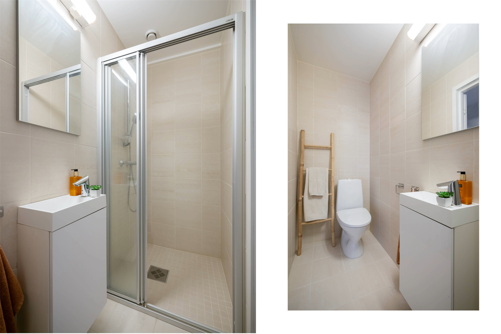 Flislagt bad fra byggeår med dusjhjørne, servant med skuffer og toalett. Galleribilde