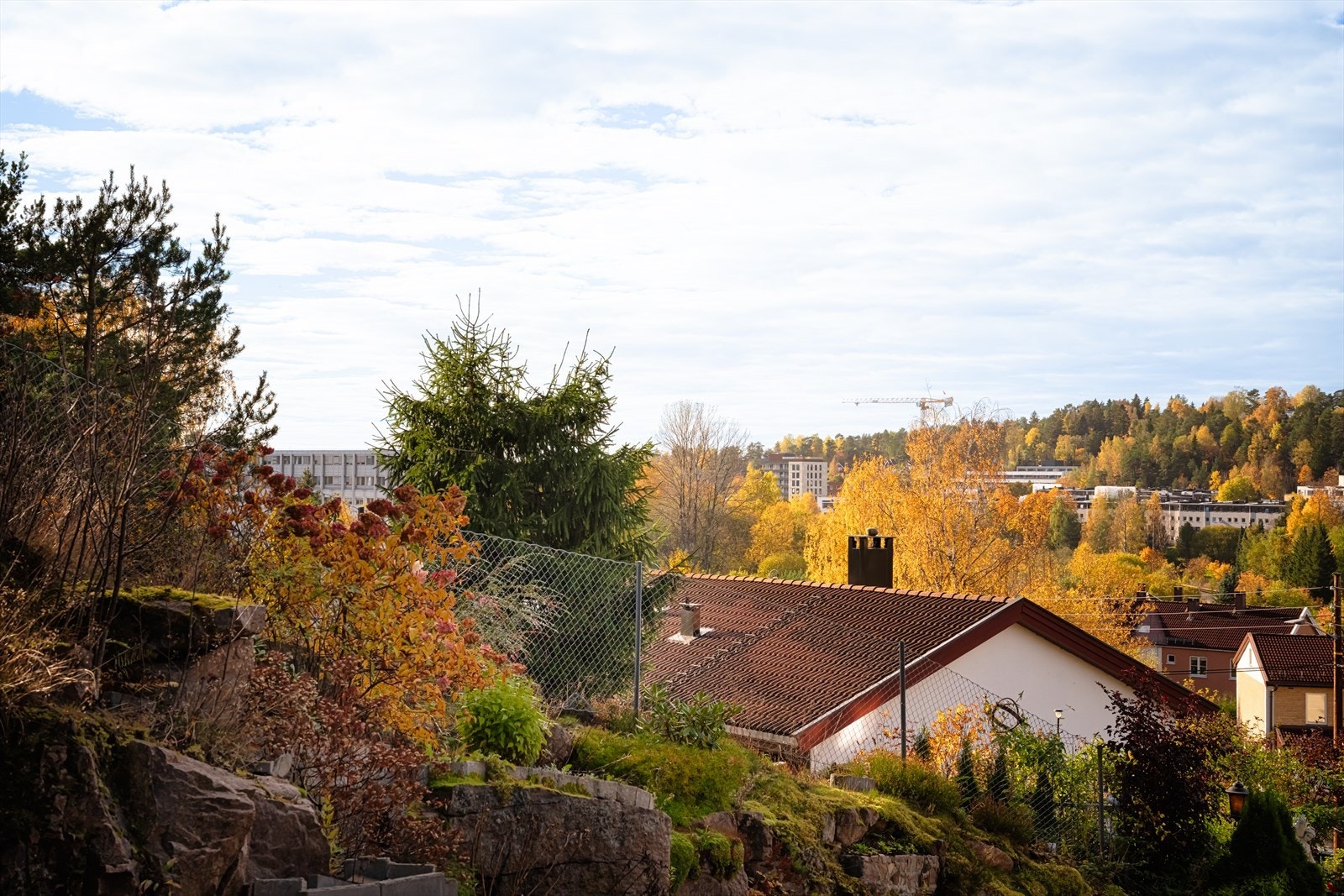 Utsikt mot grønne omgivelser og fjellsiden bak boligen. Galleribilde