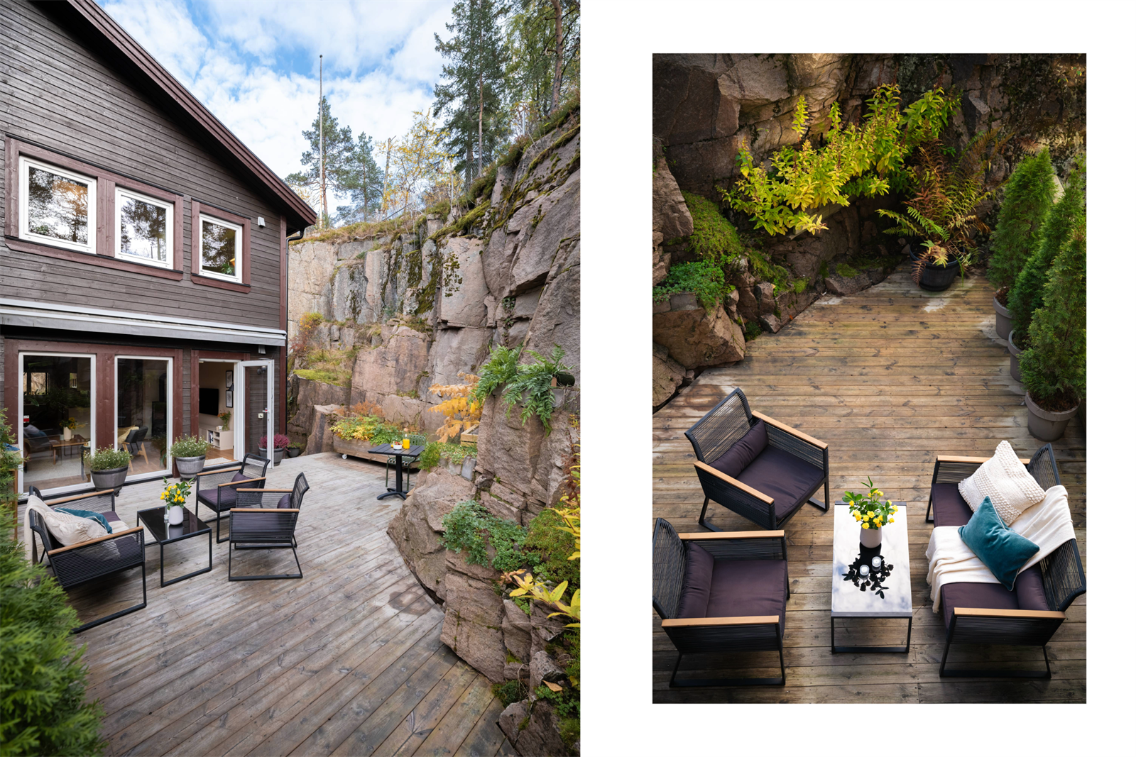 Solrik sydvendt markterrasse med treplatting på baksiden av huset. Galleribilde
