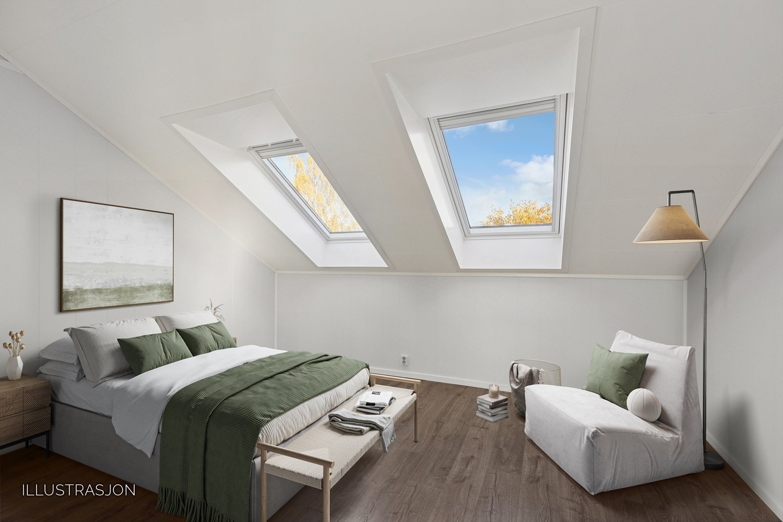 Hovedsoverommet er av god størrelse og har store takvindu som gir rikelig med naturlig lys. Her har man god plass til å møblere med dobbeltseng og garderobe. Galleribilde