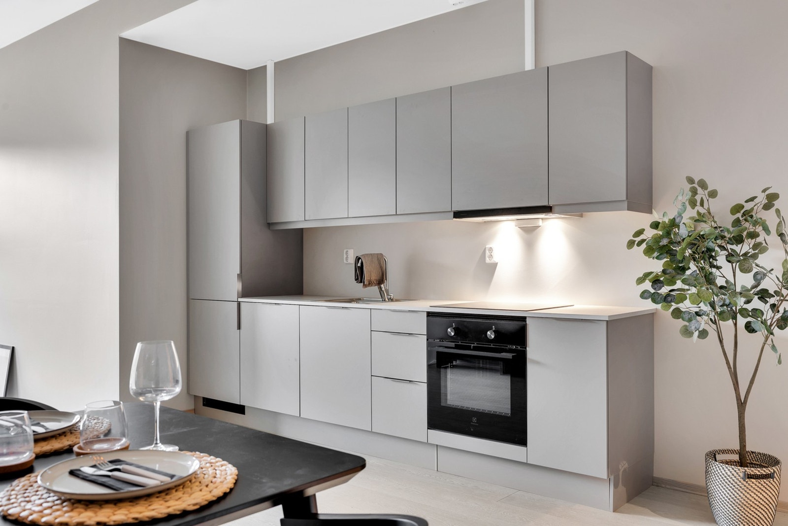 Kjøkkenets integrerte hvitevarer inkluderer kjøl-/fryseskap, stekeovn og oppvaskmaskin samt induksjonstopp. Galleribilde