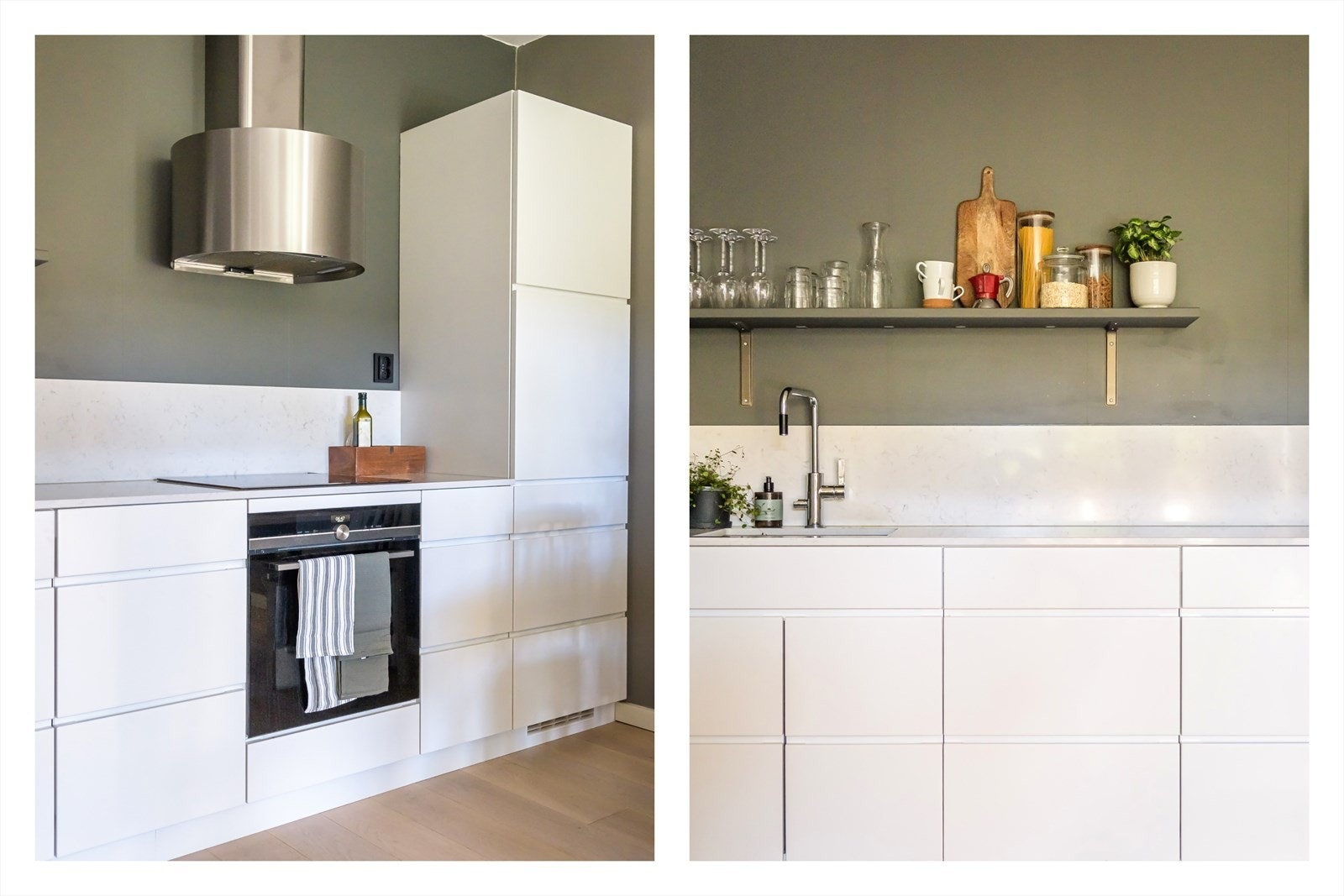 Integrert kjøleskap med fryser, komfyr, induksjonstopp og oppvaskmaskin. Stål vaskekum underlimt i kompositt benkeplate. Galleribilde