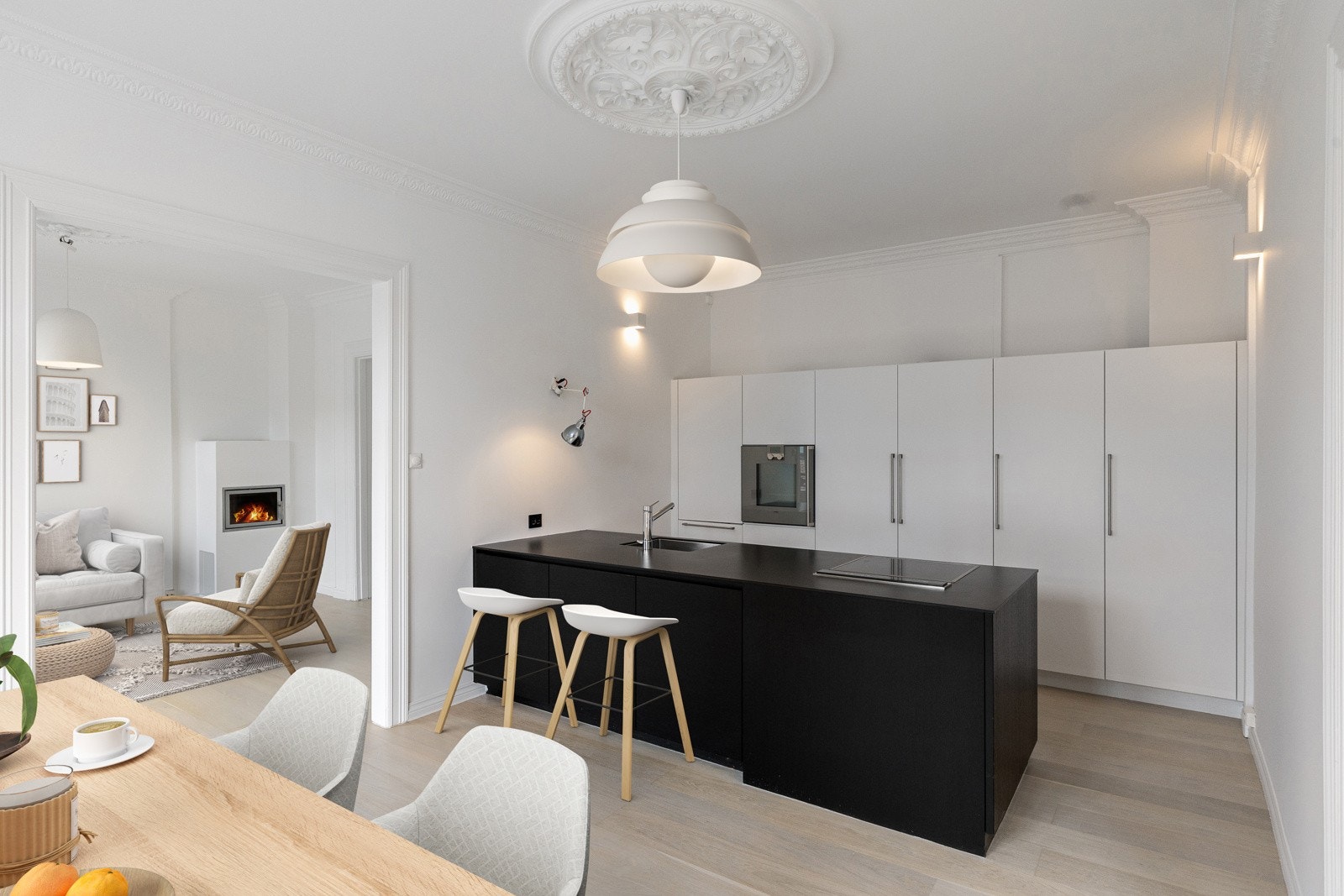 Fin kombinasjon av klassiske bevarte detaljer og moderne, rene linjer. Bildet er laget med digital styling. Galleribilde