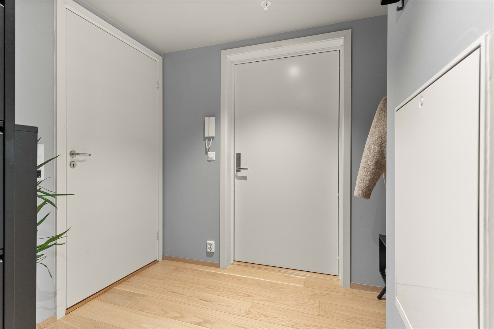 Entréen gir et godt førsteinntrykk av leiligheten med lysmalte flater, og god plass til klesavheng og oppbevaring av sko. Galleribilde
