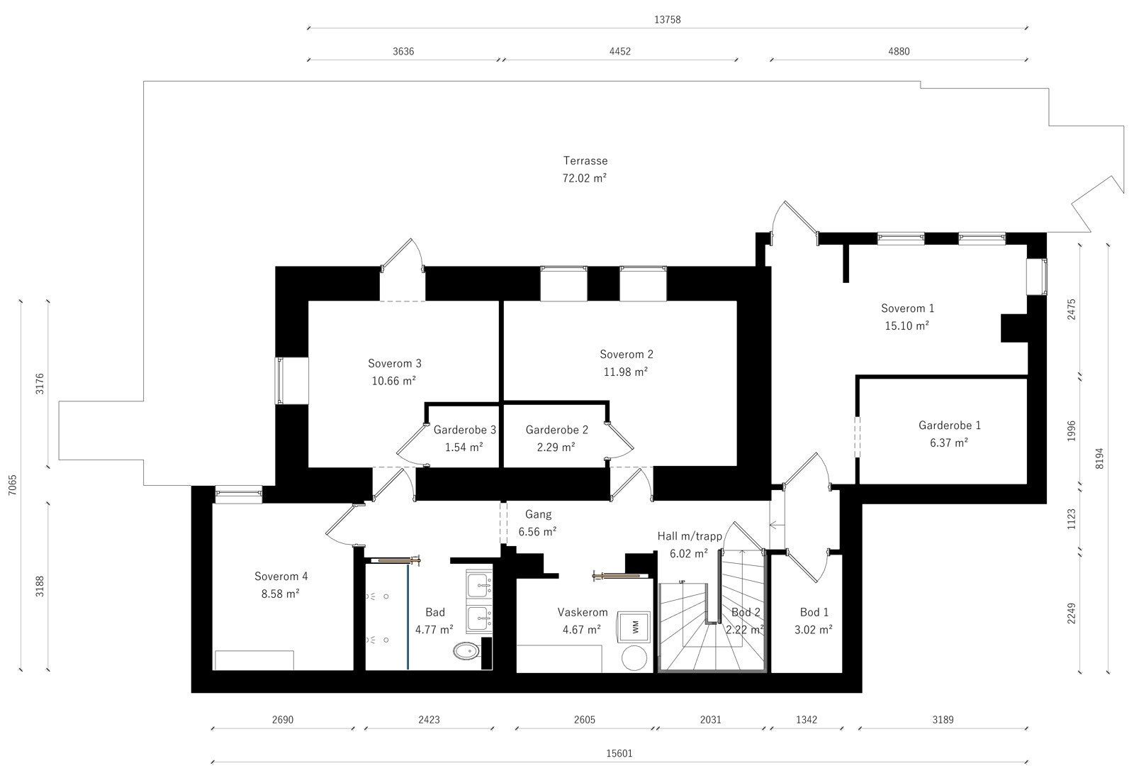 Plantegning kjeller. Bod 1 er forberedt for oppretting av bad på masterfløy. Brukes i dag som vinrom/bod. Galleribilde