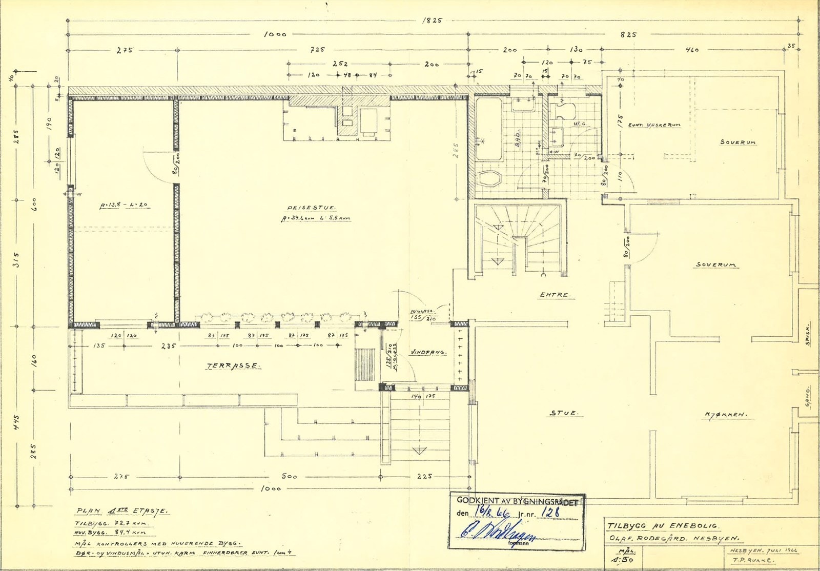 Plantegning 1. etasje (det foreligger ikke originale plantegninger av 2. etasje eller kjeller). NB! Ett soverom brukes i dag som spisestue. Badet er ett helt rom. Galleribilde