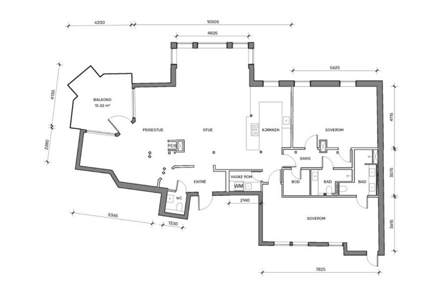 Leilighetens planløsning - i tillegg er det én bod i baktrapp og én kjellerbod