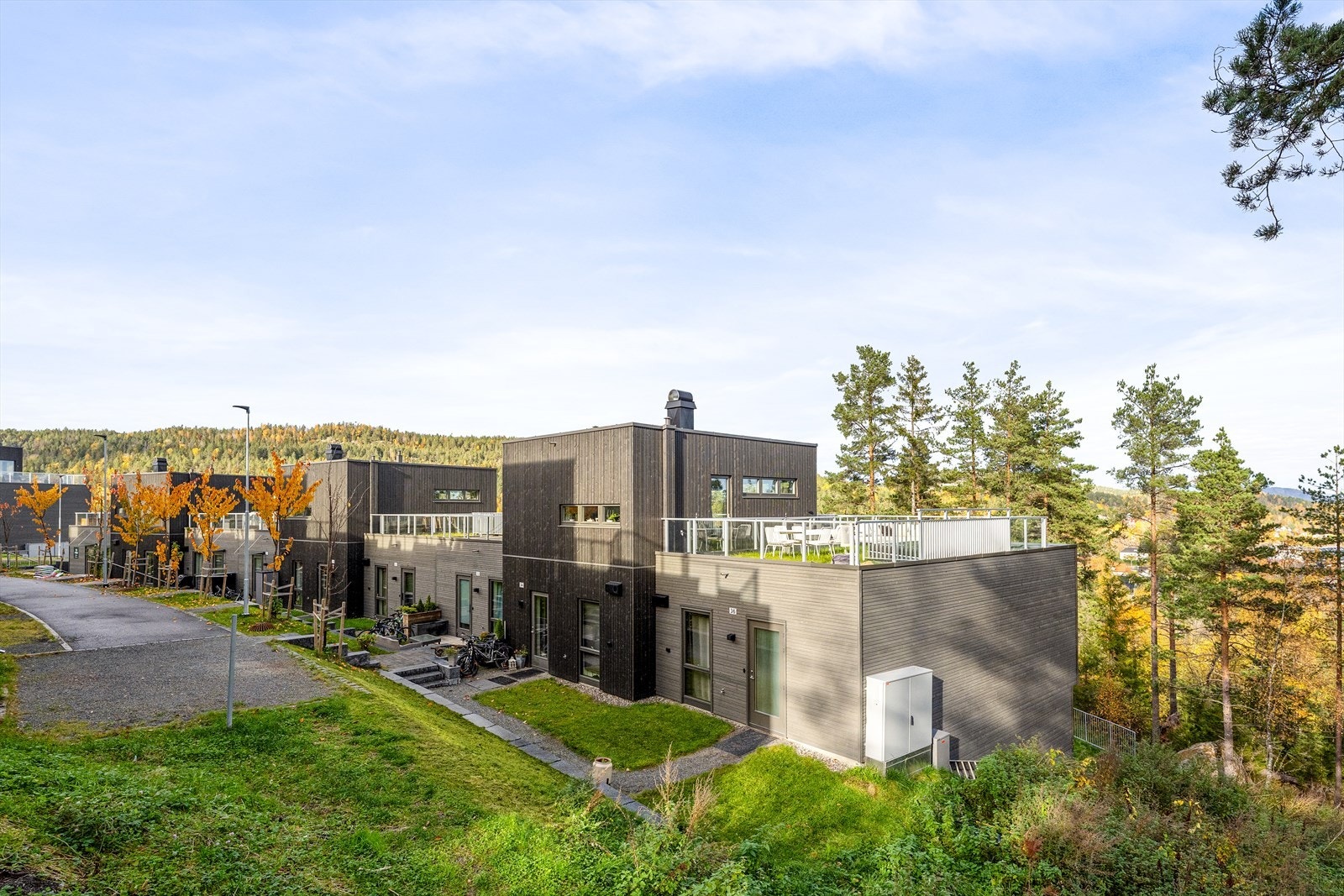 Tomten til sameiet er pent opparbeidet med internstier, lekeplass og flere sittegrupper. Sameiet ligger tett på skogen og naturlig vegetasjon har blitt bevart. Galleribilde