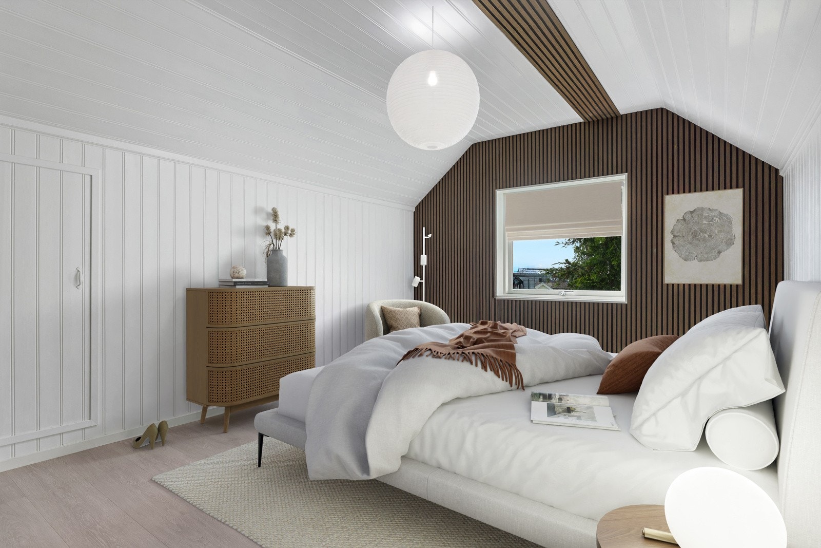 To soverom i 2. etasje, begge med plass til seng, skrivepult og garderobe. Digital styling av soverom Galleribilde