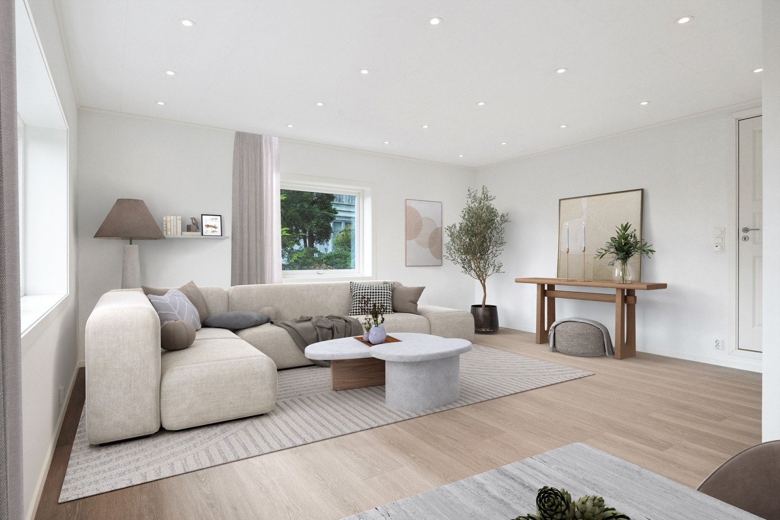 Boligen varmes opp med panelovner, varmekabel og varmefolie. Digital styling av stue Galleribilde