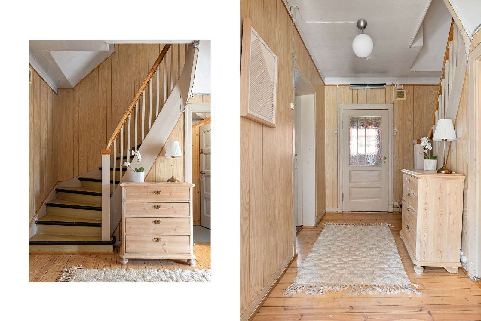 Lys og innbydende entré med tregulv og klassiske detaljer. Her er det god plass til å henge fra seg klær og diverse, samt og etablere garderobeskap. Galleribilde