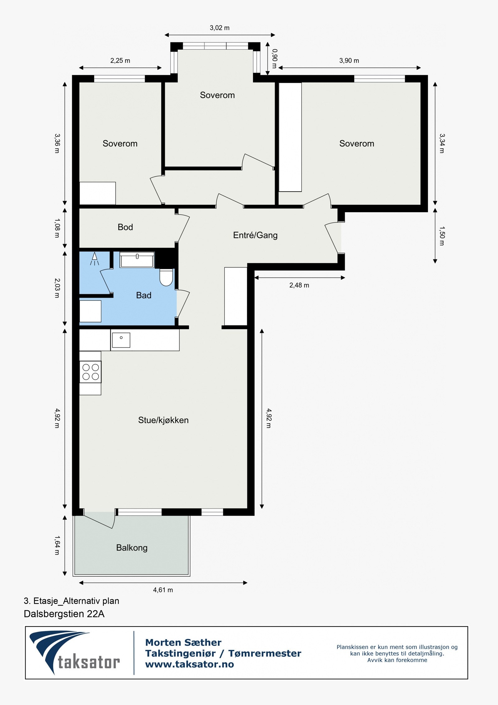 Alternativ planløsning - hvor kjøkkenet er flyttet ut til stuen, slik at leiligheten blir en 4-roms. Galleribilde