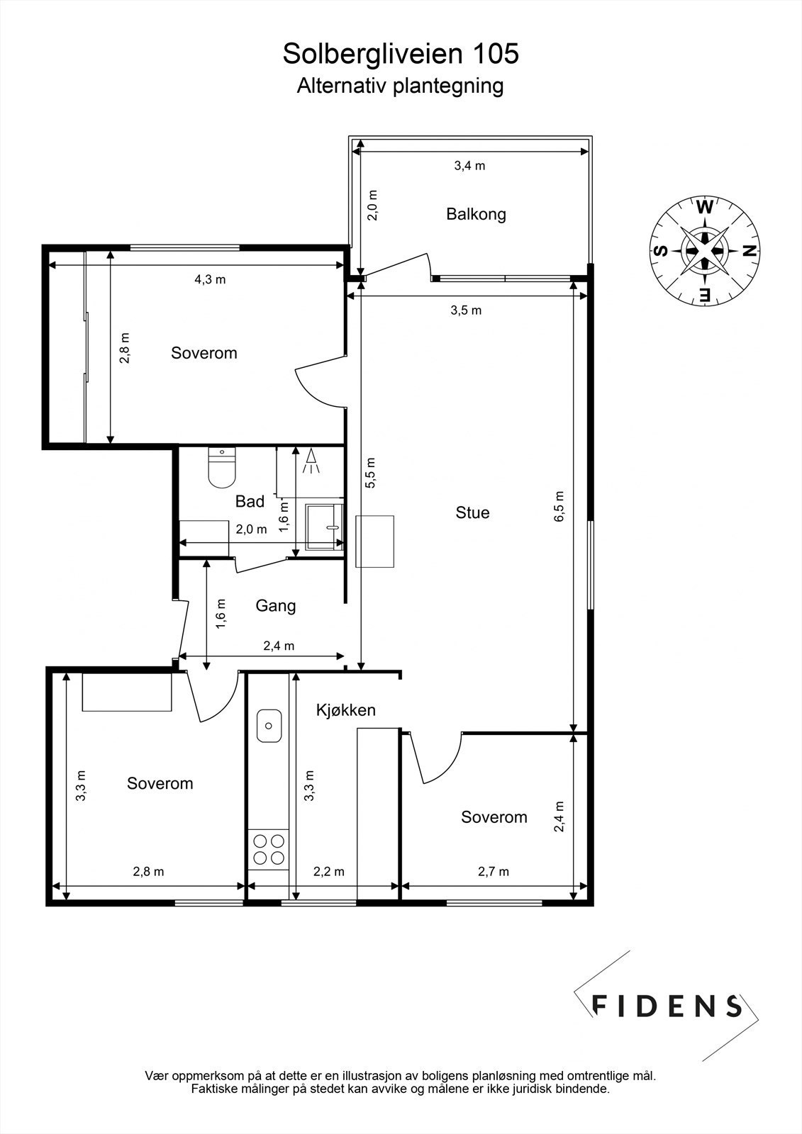 Solbergliveien 105 - Alternativ plantegning m/ekstra soverom Galleribilde