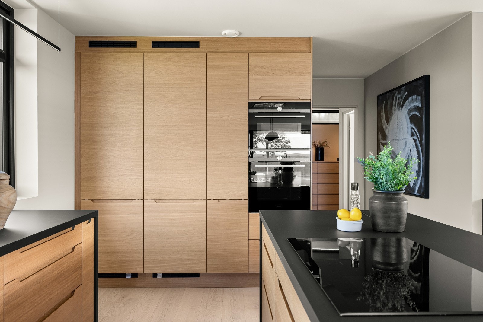 Hvitevarene er integrerte og består av stekeovn, induksjonstopp, kombiovn, oppvaskmaskin, vinskap, kjøleskap og fryseskap. Galleribilde