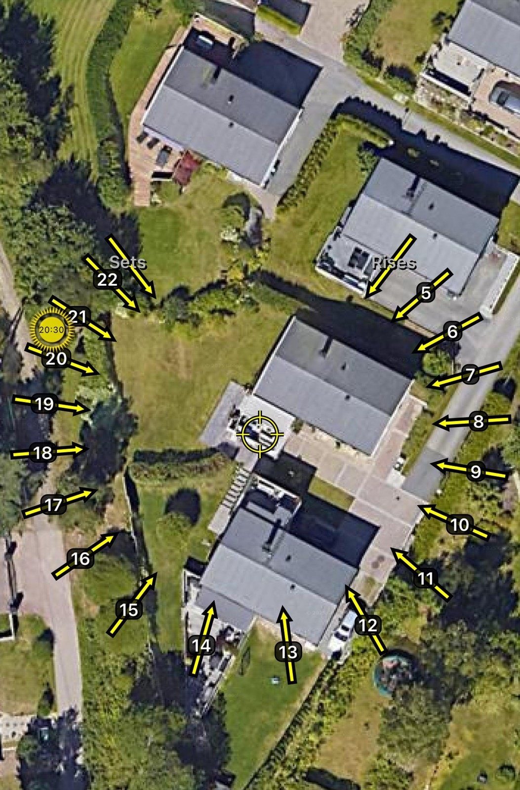 Illustrasjon av solforholdene midtsommers. Sol på eiendommen fra tidlig morgen til sen kveld. Galleribilde