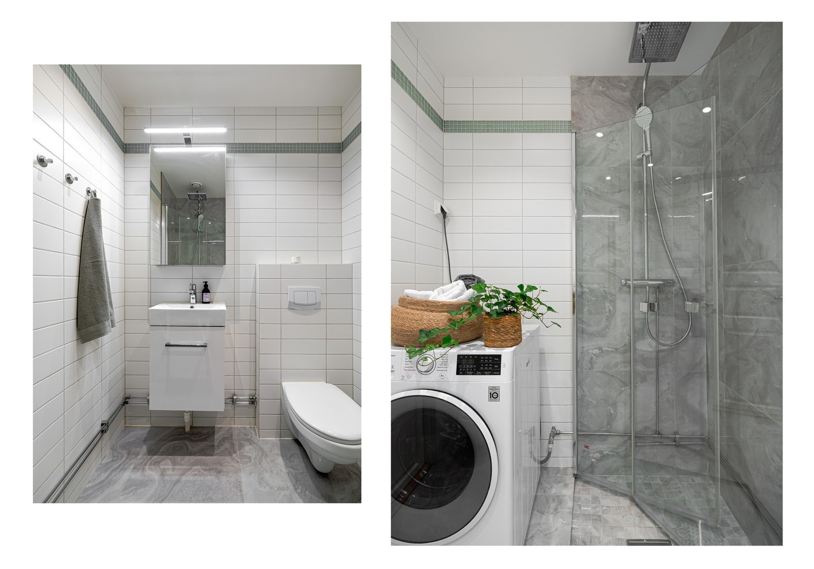 Badet har alt et bad skal ha; plass til vaskemaskin, innredning for oppbevaring, vegghengt toalett og dusjsone. Selve dusjarmaturet er nytt fra høsten 2025. Galleribilde