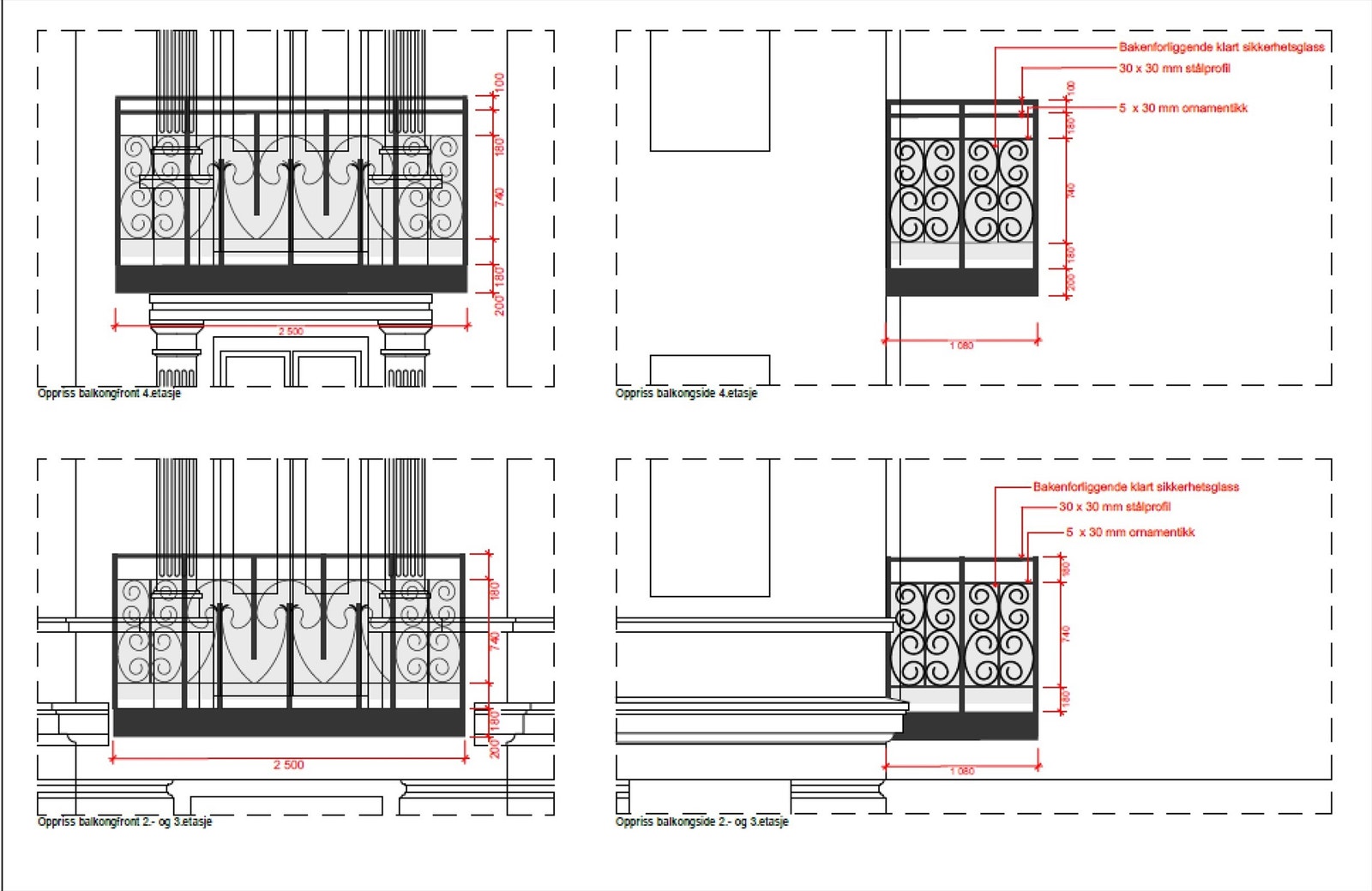 Godkjente tegninger som illustrasjon på balkongens utforming. Som det fremgår vil balkongene bli 1.08m dype, og 2.5m brede. Galleribilde