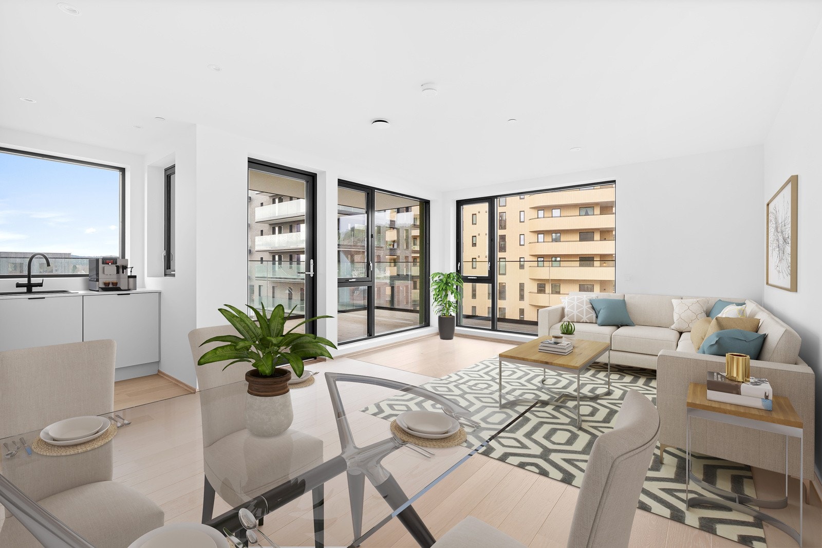 Digital møblering av stue. Store vindusflater. Galleribilde