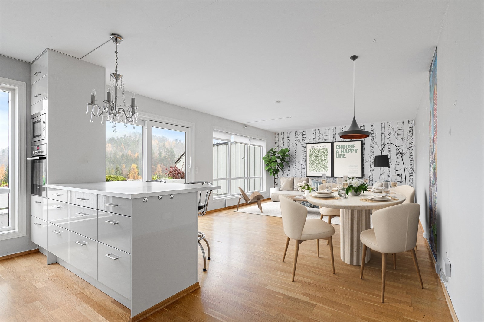 Leiligheten har en åpen og luftig planløsning mellom stuen og kjøkkenet. (Bildet er digitalstylet) Galleribilde