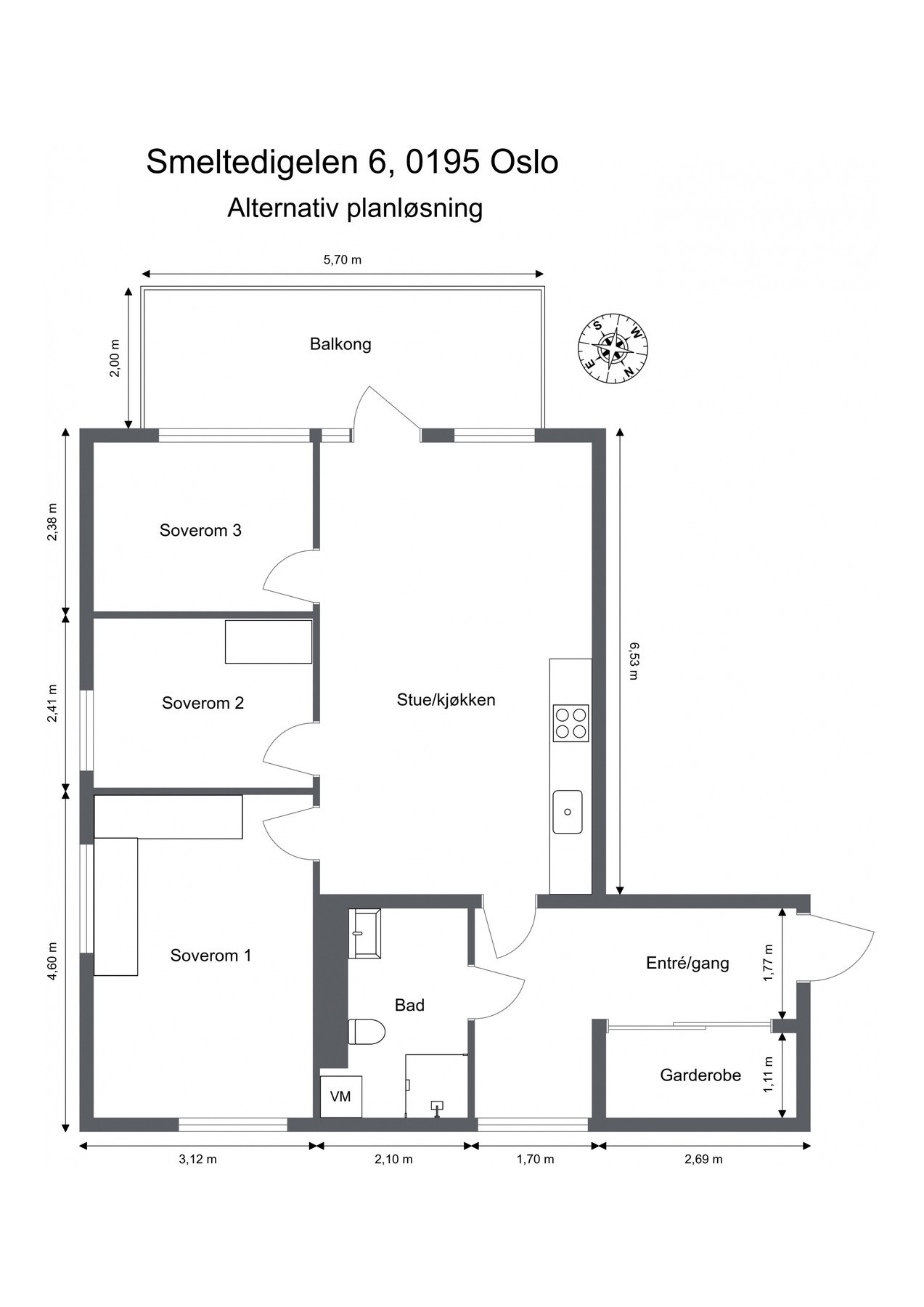 En alternativ plantegning kan dermed se slik ut. Det gjøres oppmerksom på at kjøper må gjøre undersøkelser med fagpersoner for å se om endringen lar seg gjøre. Plantegningen er kun ment som en illustrasjon. Galleribilde
