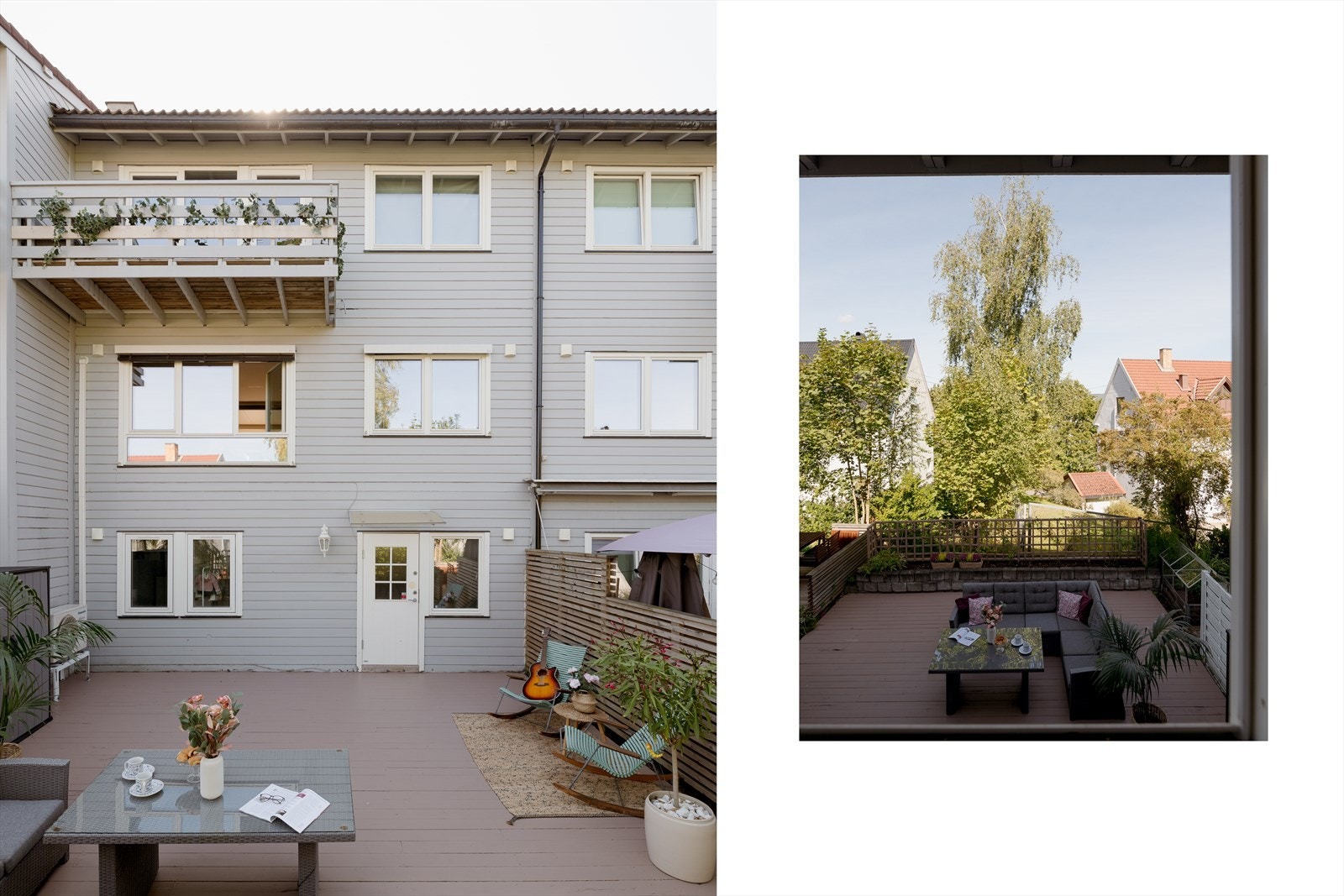 Nordøstvendt platting på 48 kvm med utelys og strømuttak som gjør det enkelt å bruke elektriske apparater utendørs. Galleribilde