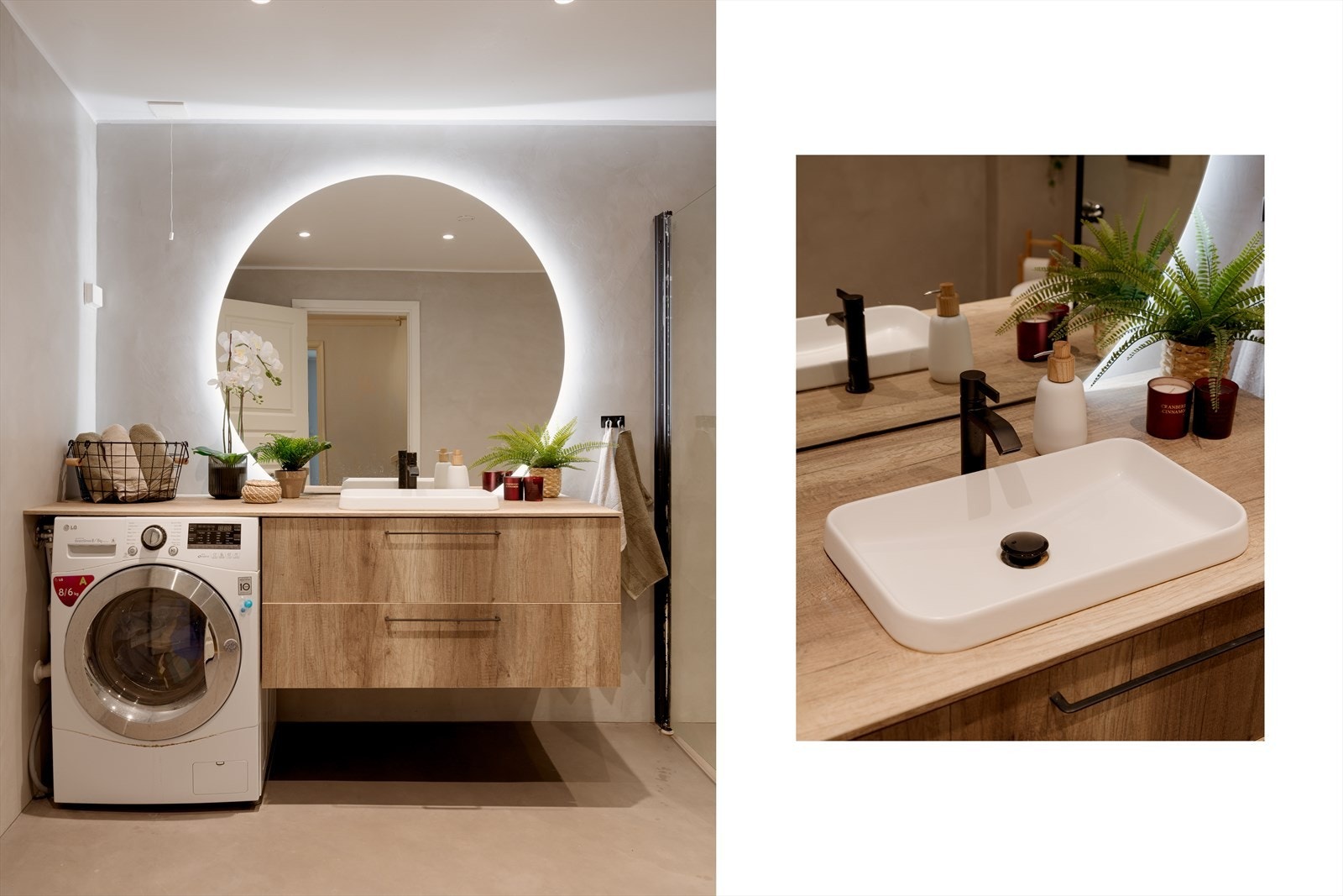 Badet er utstyrt med porselensservant, servantskap, vaskemaskin med opplegg (2021), speil, veggklosett, veggmonterte, svingbare dusjvegger og termostat dusjbatteri med to dusjhoder. Galleribilde