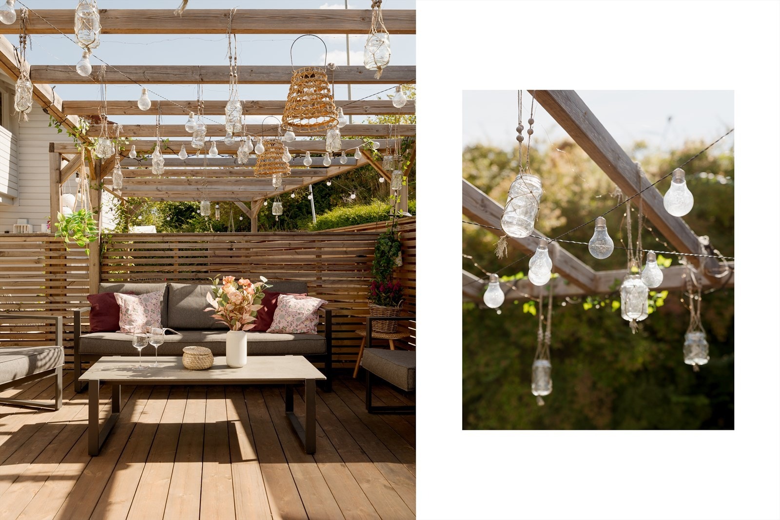 Terrassen er sydvestvendt og blir en naturlig forlengelse av boligen. Stilren pergola oppført i trevirke gir terrassen mye sjarm og et lunt uterom med mange bruksmuligheter. Galleribilde