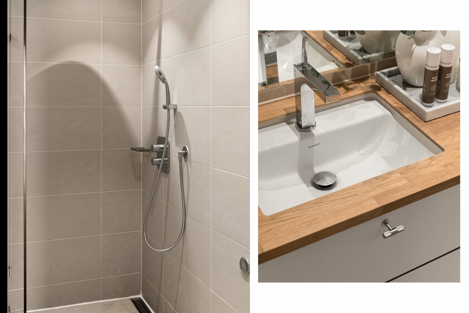 Baderommet har lik utførelse som baderom I, og er innredet med servant med underskap og speil Galleribilde