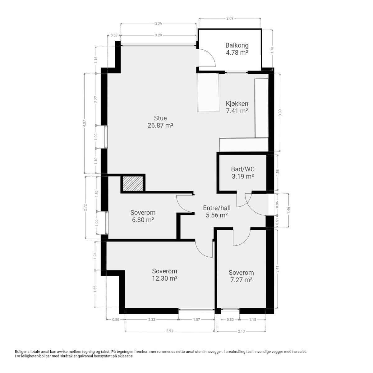 Plantegning. Leiligheten ligger i 2 etasje i boligdelen, med to næringsseksjoner under (oppleves derfor som 4.etg). Galleribilde