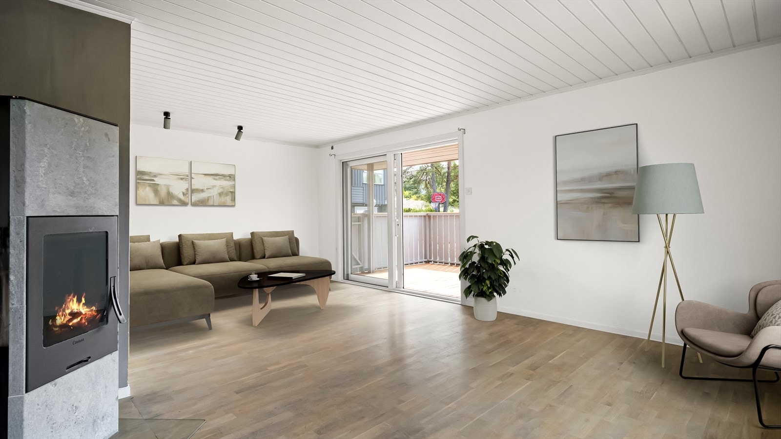 I stuen er det flott stemningsskapende peis og adkomst til veranda. Bildet er digitalt stylet. Galleribilde