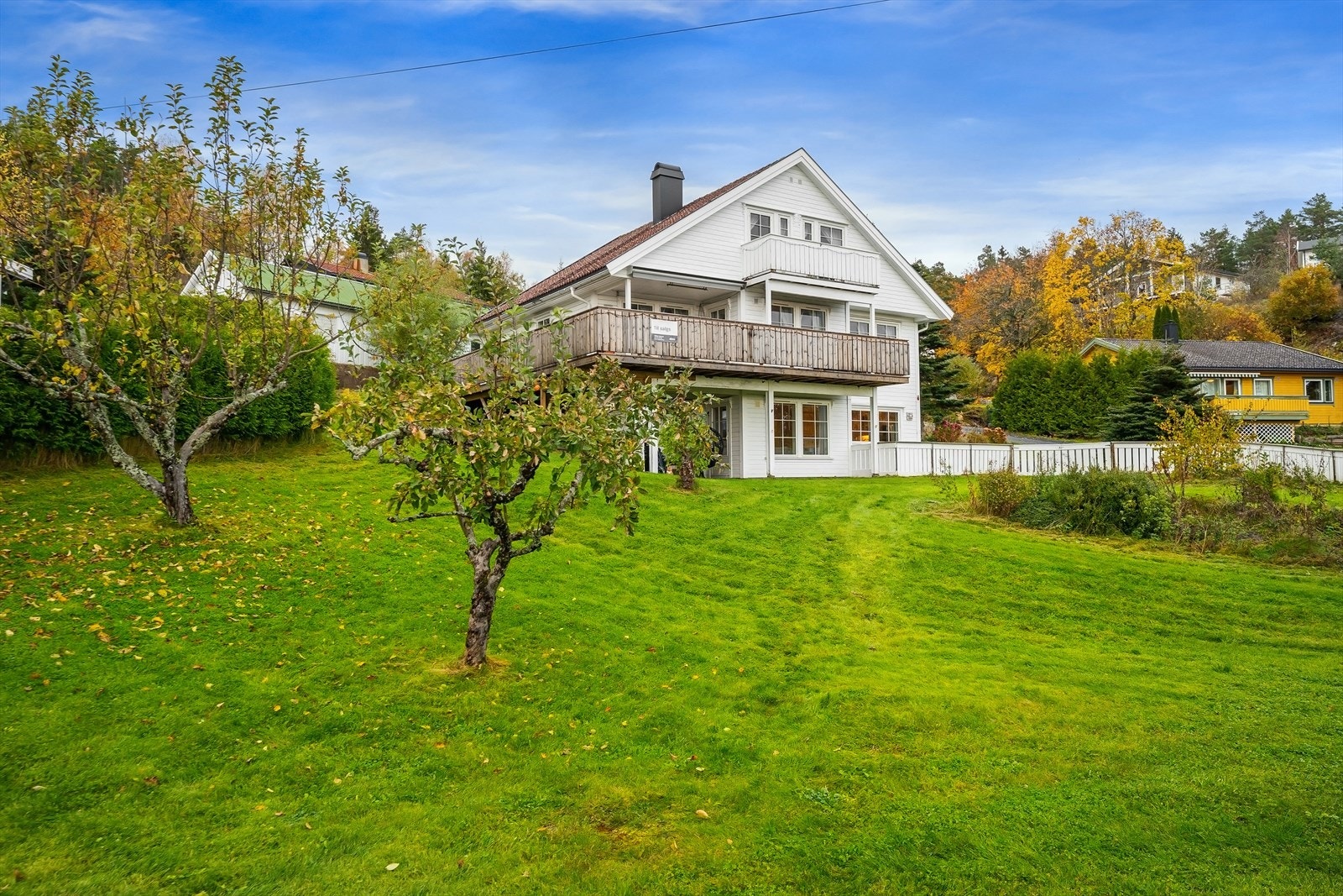 Tomten er opparbeidet med stor gressplen, beplantning og frukttrær. Galleribilde
