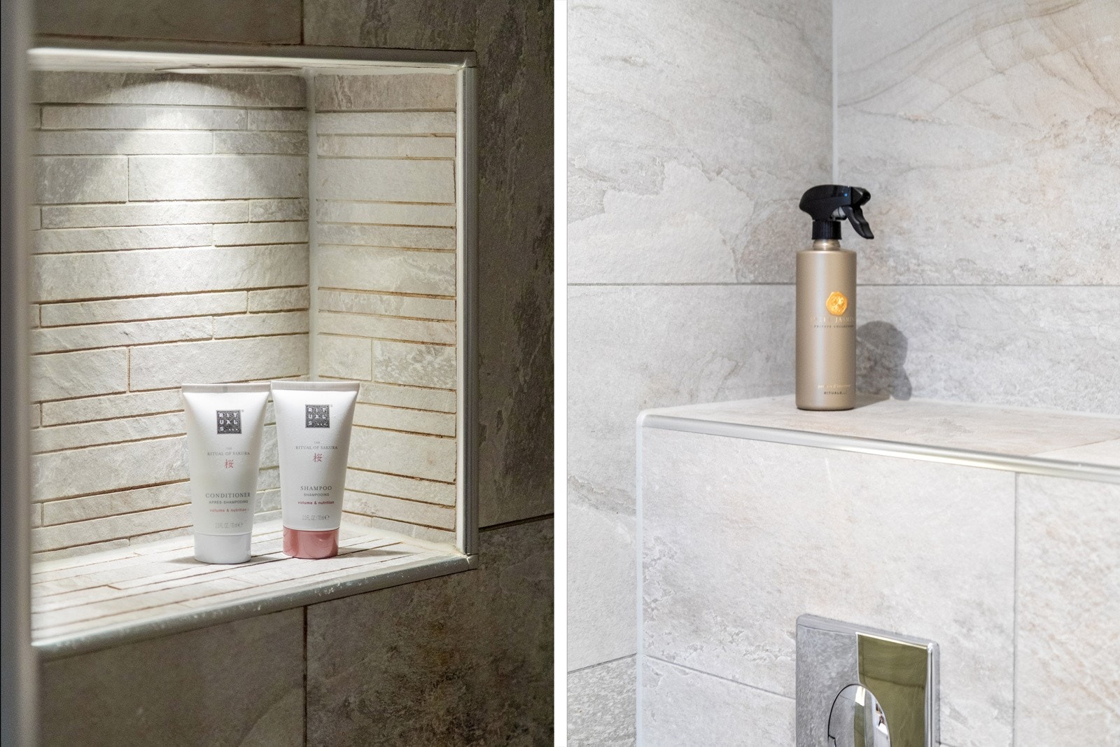 Badet har en effektiv løsning med dusjnisje, dobbelservant over servantskap med glatt utførelse, vegghengt klosett og downlights i himling. Galleribilde