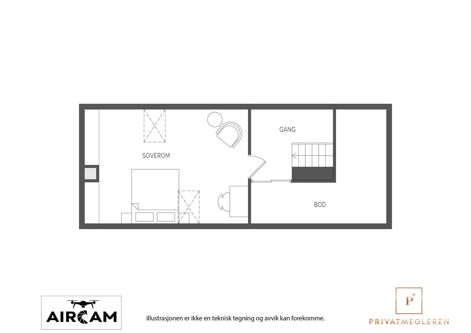 Inndeling hems/loft. (Soveromm på tegning er Ikke godkjent som soverom/rom til varig opphold) Galleribilde