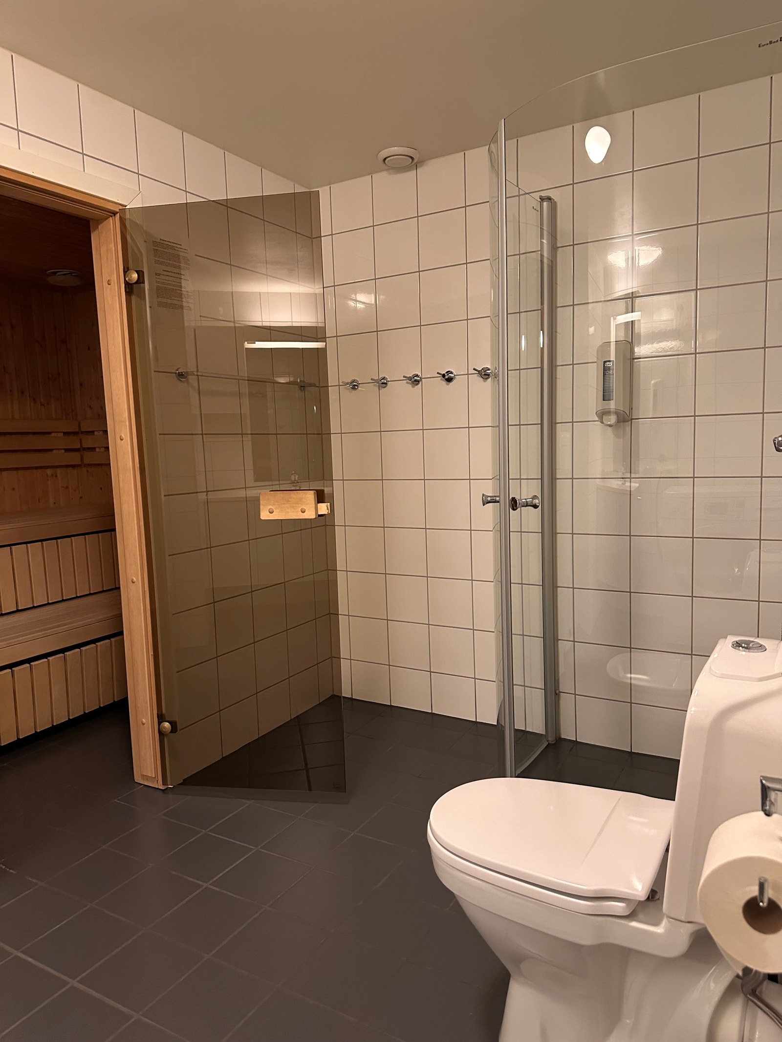 Stort bad med wc, dusj, opplegg til vaskemaskin og direkte adgang til sauna Galleribilde