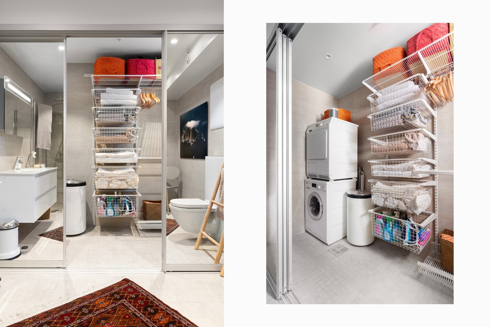 Smart løsning på bad med skjult vaskemaskin/tørketrommel samt klesoppbevaring. Galleribilde