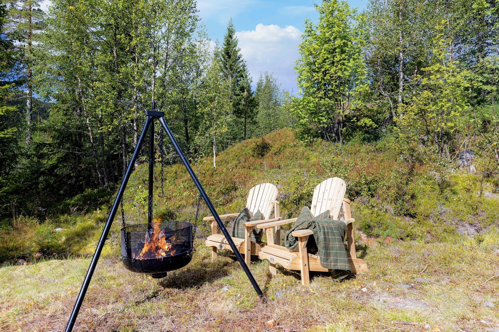 Inn mot skogholtet er det en perfekt bålpanneplass, og i bekken bak hytta sildrer det når snøen er borte. Galleribilde