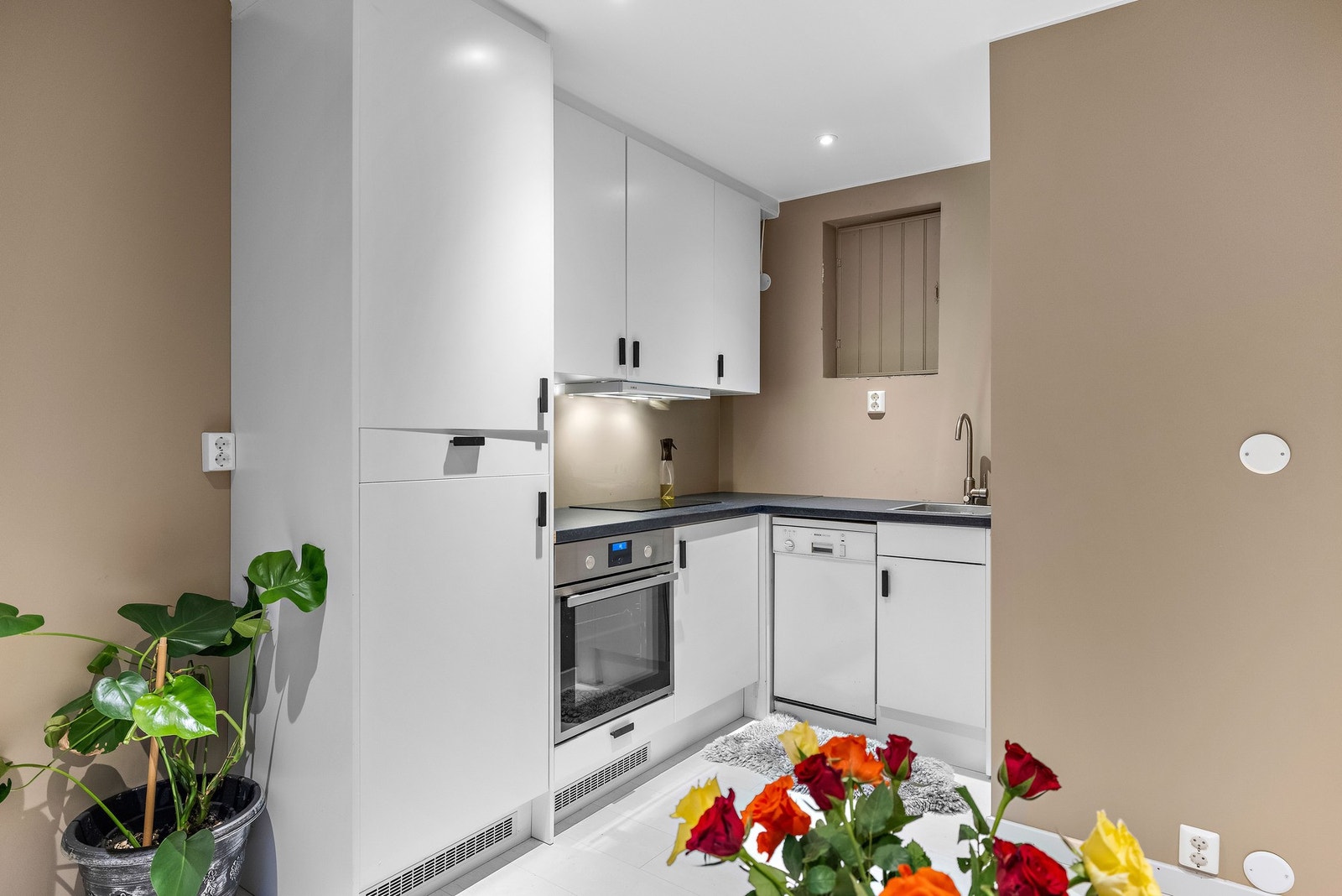 Meget lekkert kjøkken med integrert oppvaskmaskin, stekeovn og platetopp. Galleribilde