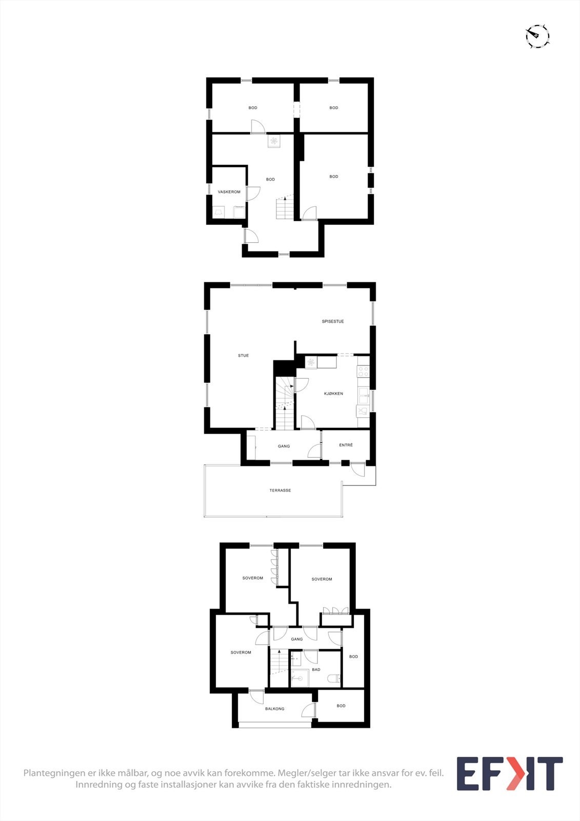 Plantegningene gir en komplett oversikt over boligens tre etasjer og romfordeling. Galleribilde