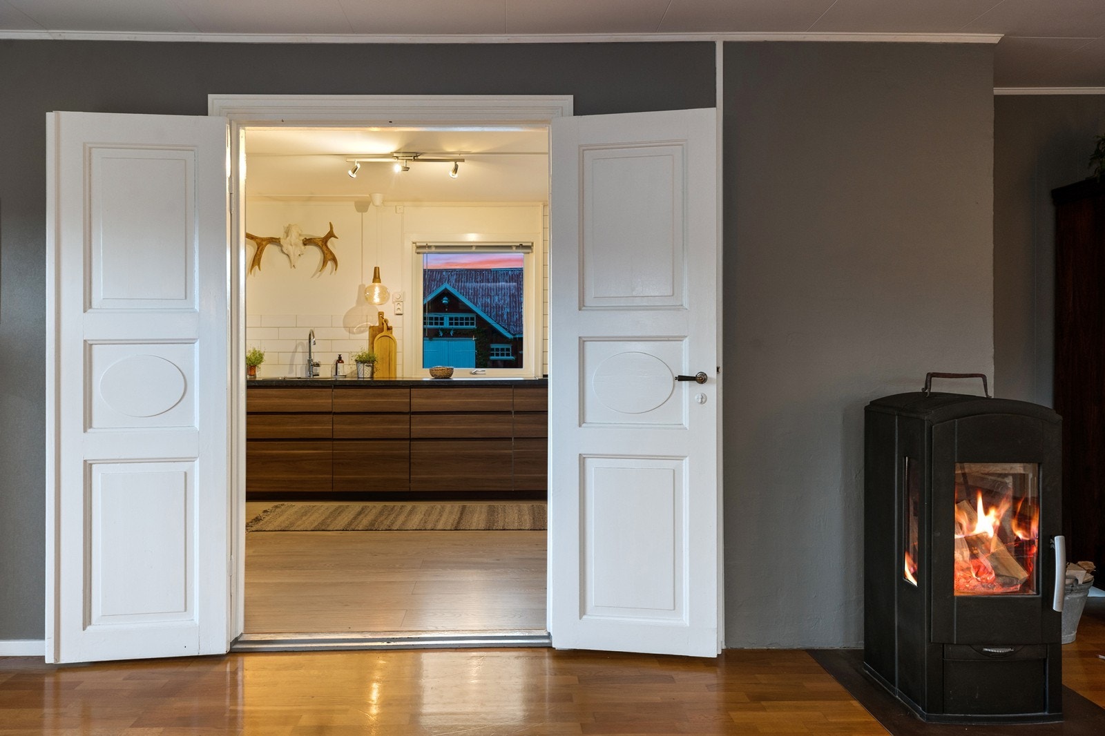 Flotte, doble dører mellom stue og kjøkken. Galleribilde