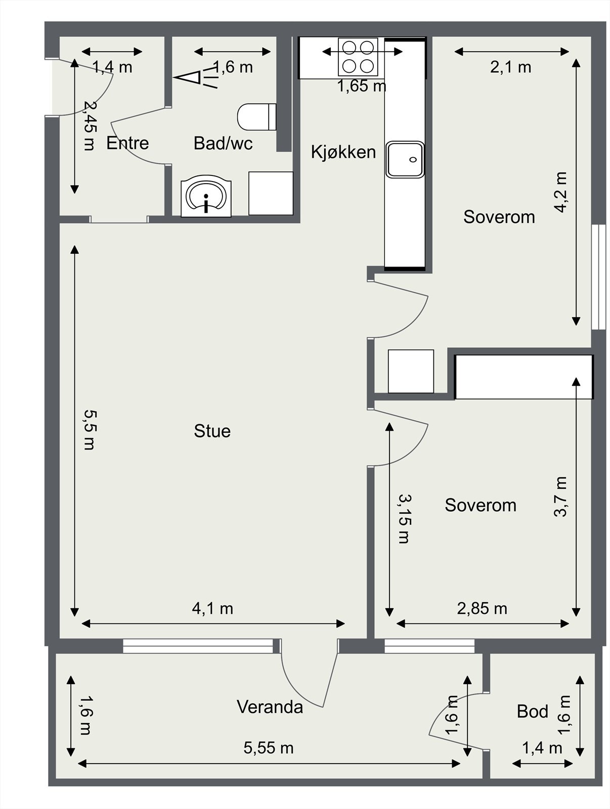 Plantegningen gir en god oversikt over leilighetens arealeffektive planløsning med to soverom og åpen stue-kjøkkenløsning. Galleribilde