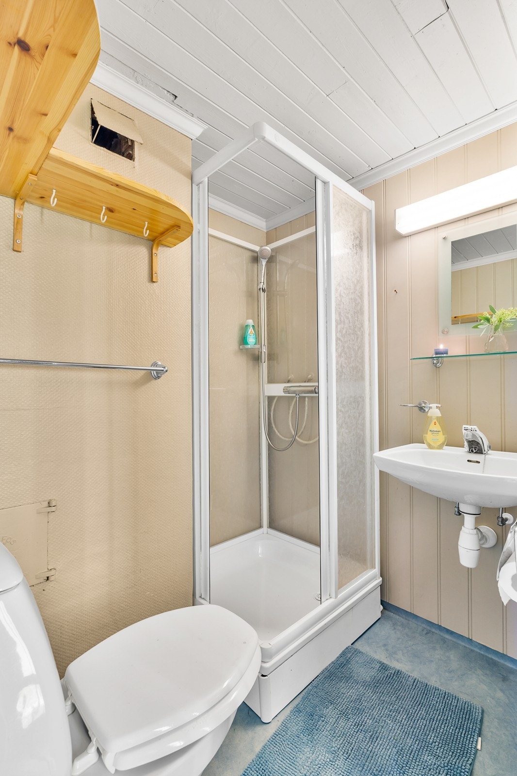 Badet i kjeller er funksjonelt og inneholder dusjkabinett, gulvstående toalett og enkel servant med blandebatteri. Galleribilde