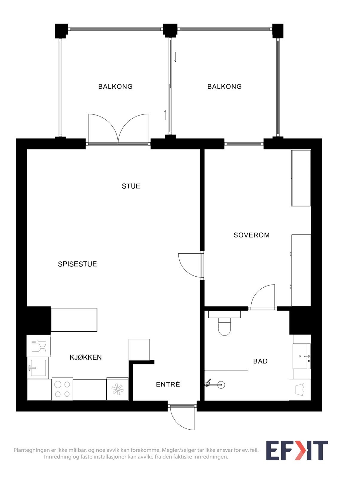 Plantegningen illustrerer en arealeffektiv leilighet med god romfordeling og to balkonger. Galleribilde