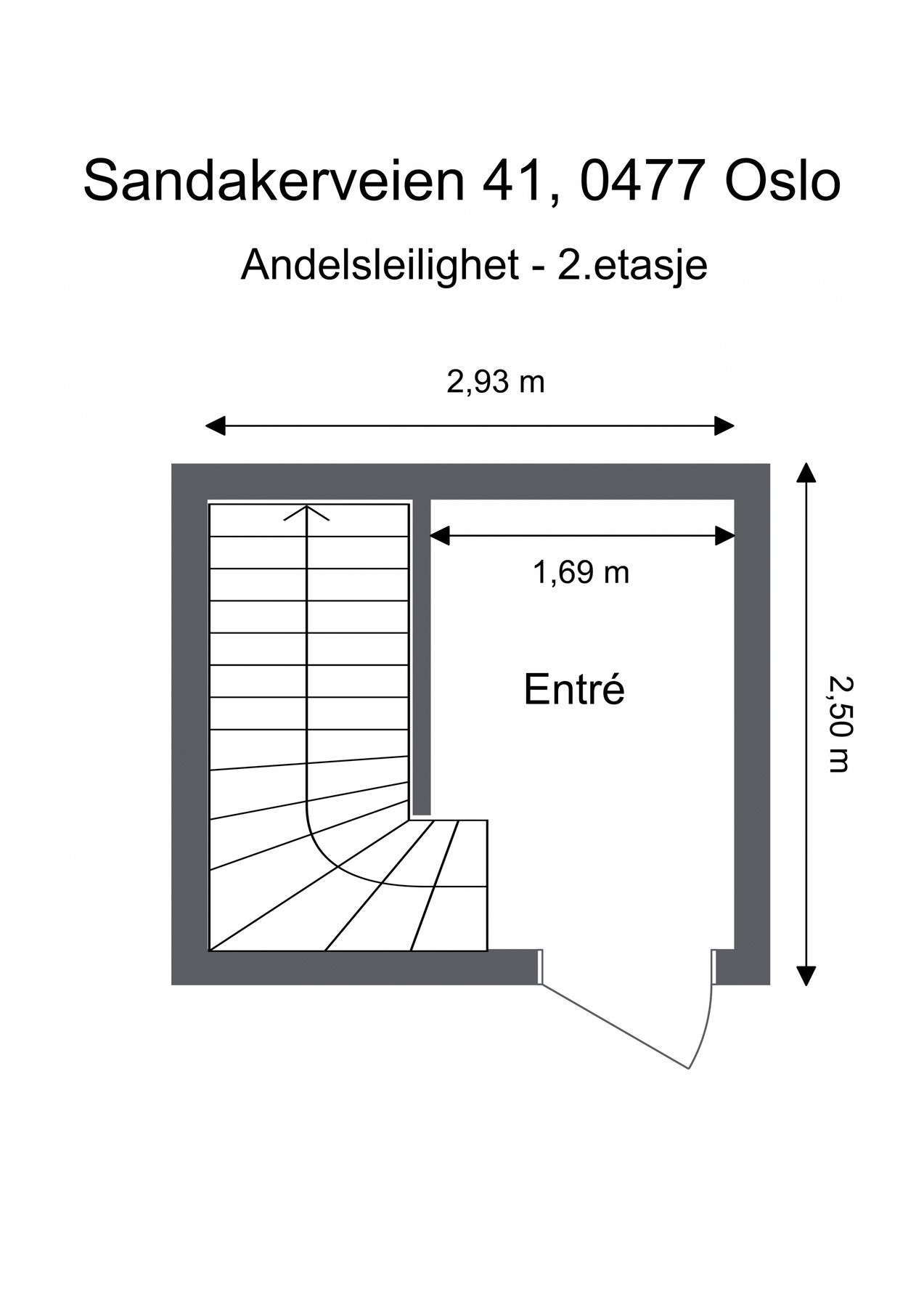 Planskisse for leilighetens inngangsparti i byggets 2. etasje. Leiligheten disponerer en ekstern bod på 5 kvm. Galleribilde