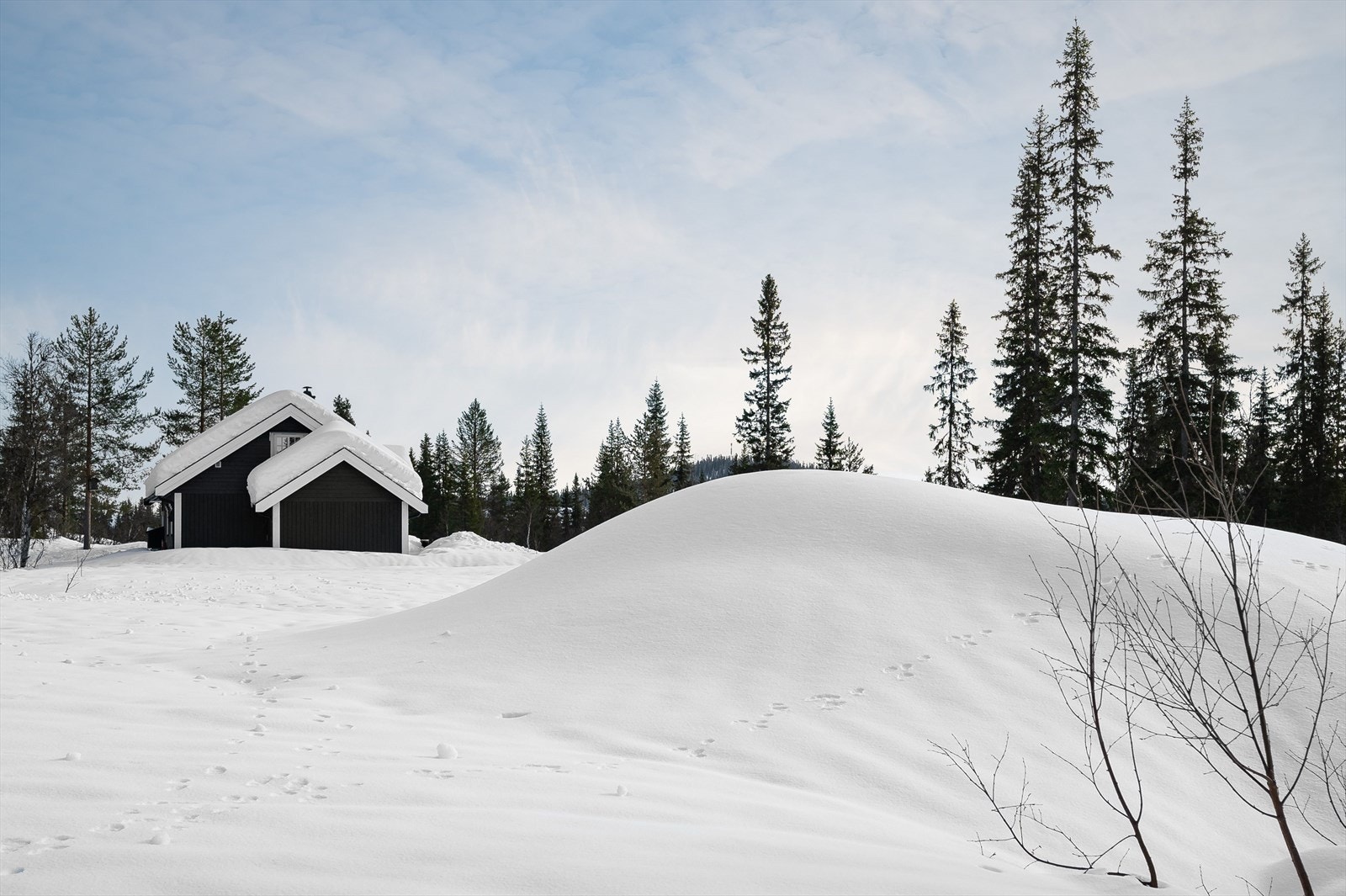 Hytta sett fra nord-vest. Sporene vitner om at det er flere enn bare fotografen som har vært her. Galleribilde