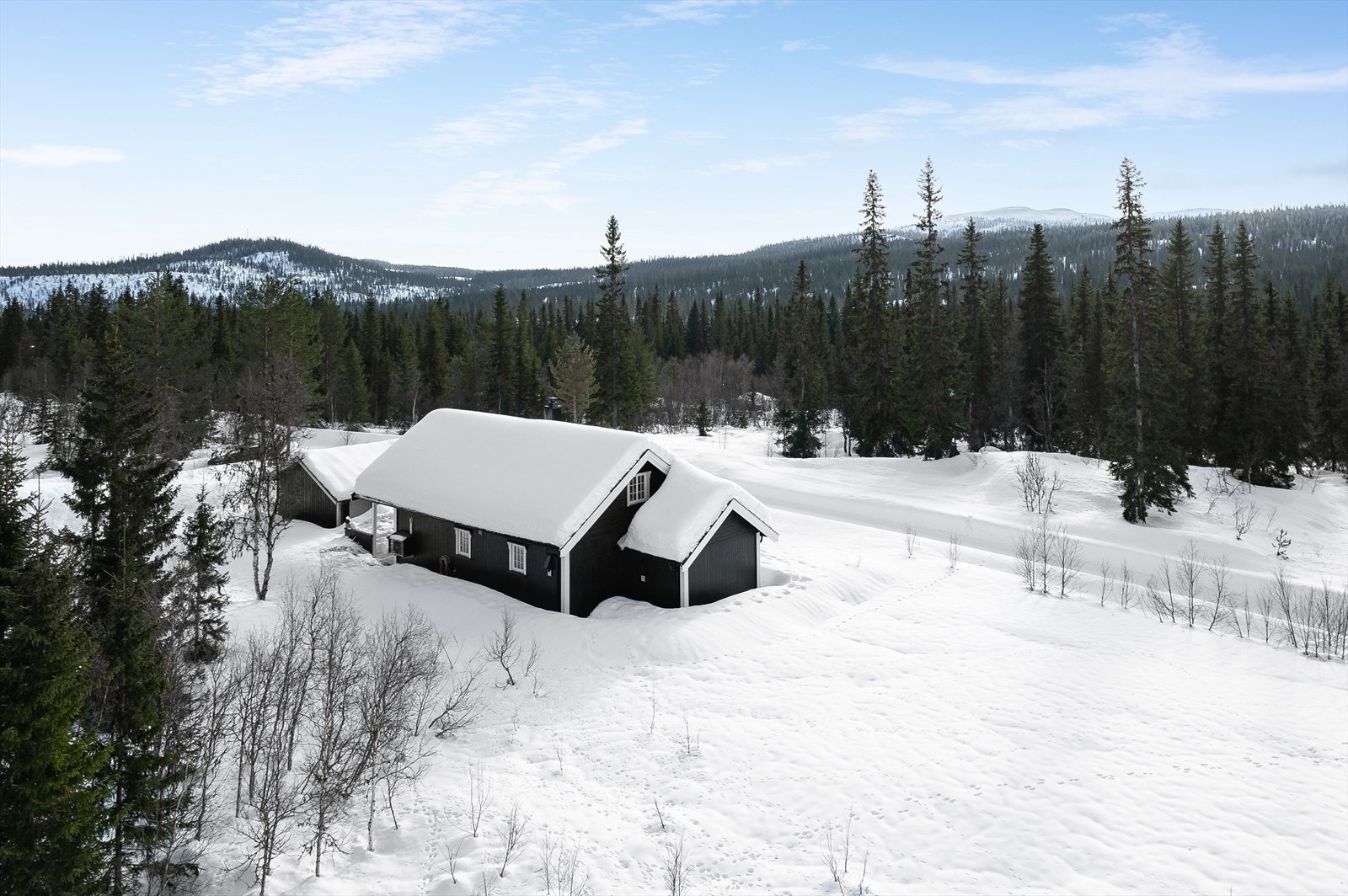 I horisonten ser man noen av de flere toppene i området. Til venstre ses Skjæråsen, og den snøkledde toppen til høyre er Lyngåsen. Galleribilde