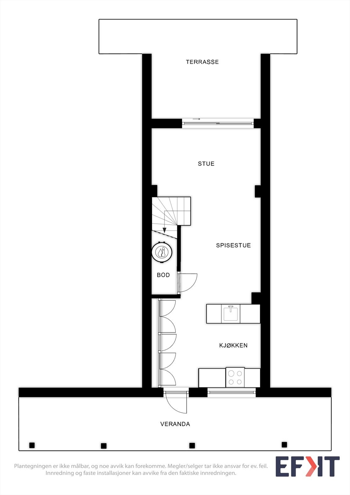 Plantegningen er ikke målbar, og noe avvik kan forekomme. Megler/selger tar ikke ansvar for ev. feil. Innredning og faste installasjoner kan avvike fra den faktiske innredningen. Galleribilde