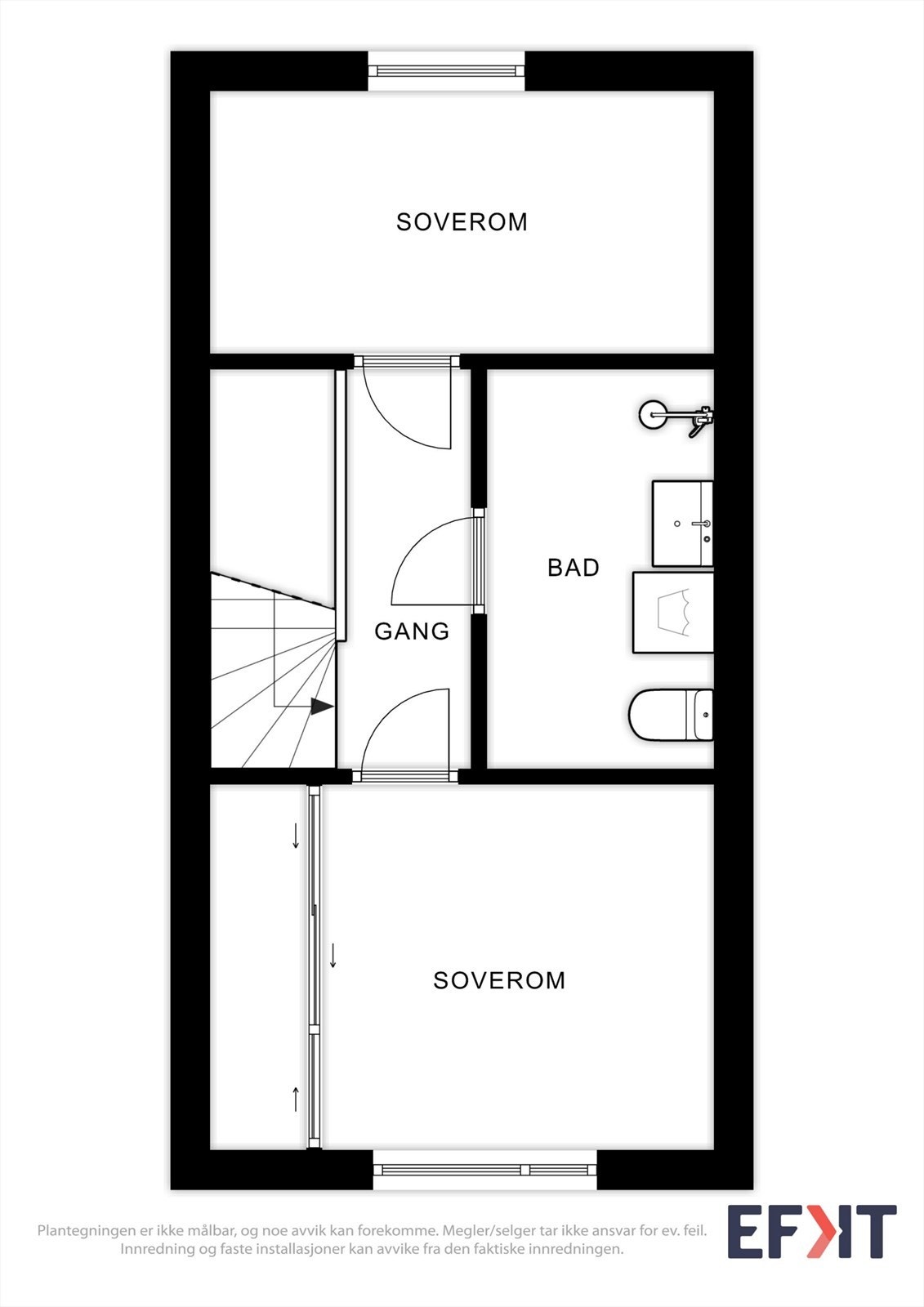 Plantegningen er ikke målbar, og noe avvik kan forekomme. Megler/selger tar ikke ansvar for ev. feil. Innredning og faste installasjoner kan avvike fra den faktiske innredningen. Galleribilde